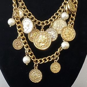 3/$15 Two Strands Faux Pearls and Coins Gold Tone Necklace 16 1/2"-20 1/2"